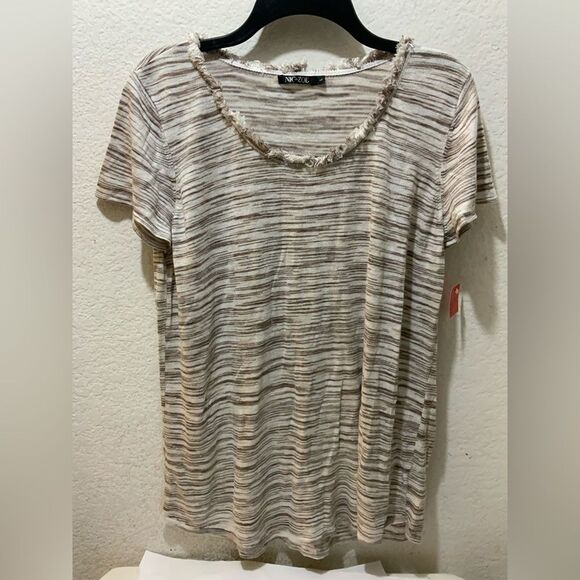 Nic & Zoe Linen Blend Marled Space Dye Fringe Shirt gray White Large - Picture 1 of 6